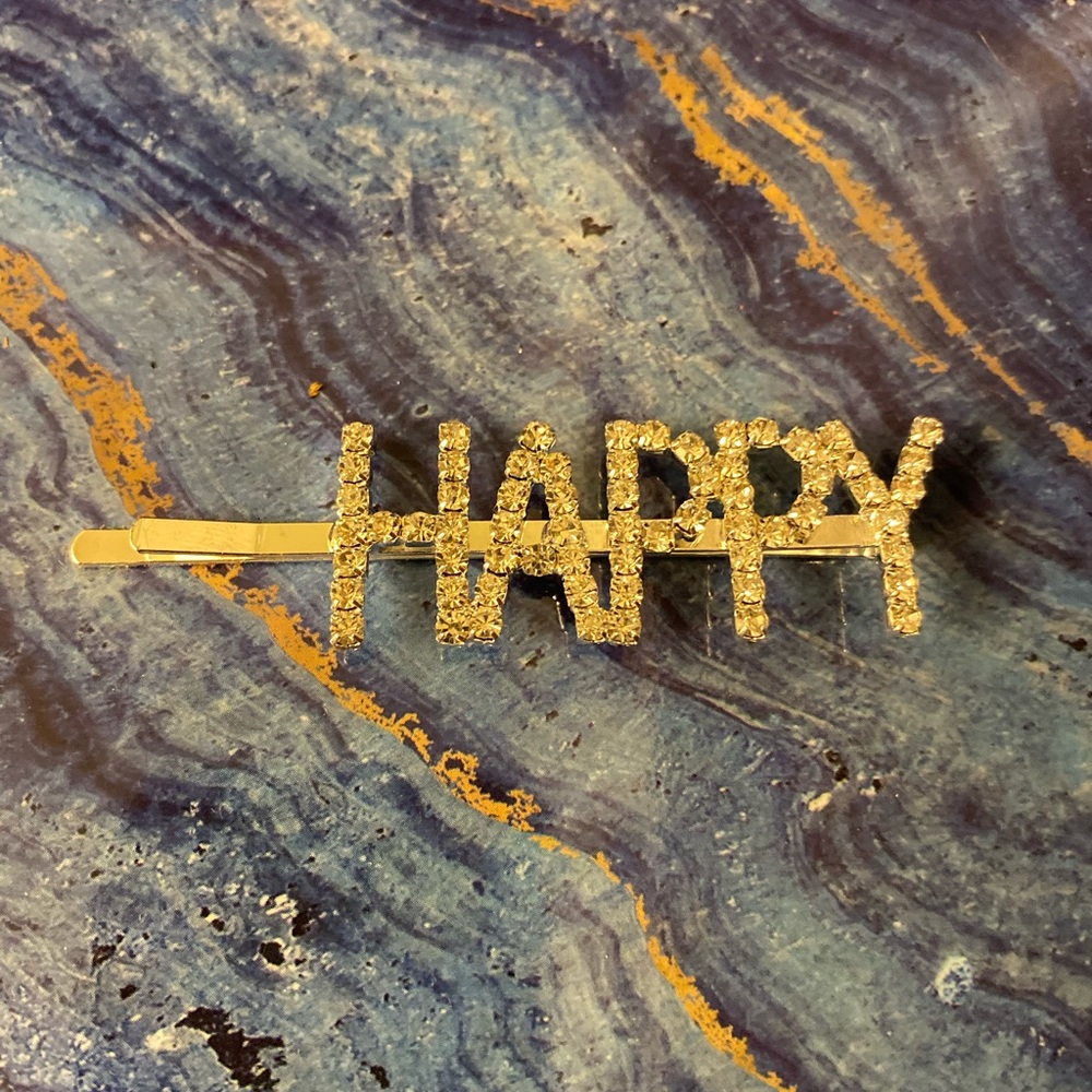 Happy rhinestone hair pin